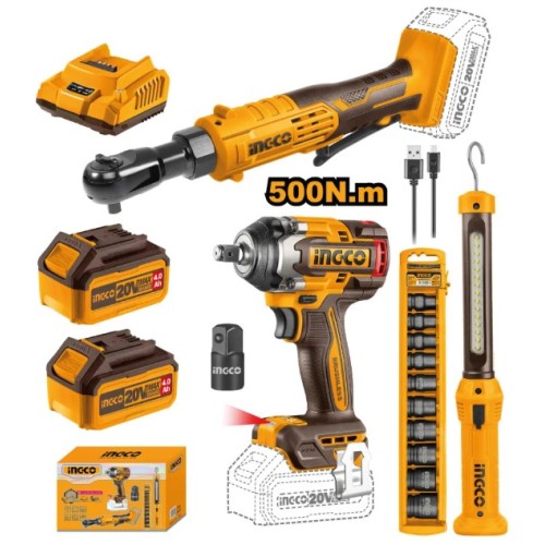 LLAVE DE IMPACTO INGCO  20V 500NM + LLAVE RATCHET + SET DADOS IMPACTO + LINTERNA