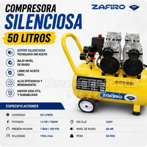 Compresora 50 litros silenciosa  1.5 HP ZAFIRO