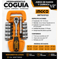 Dado x 12 Unid.  1/2" iincluye rachet + extension INGCO