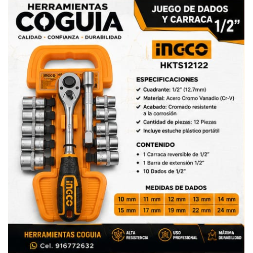 Dado x 12 Unid. 1/2" iincluye rachet + extension INGCO Dado x 12 Unid. 1/2" iincluye rachet + extension INGCO