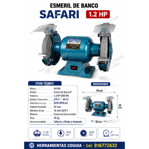 Esmeril de banco 1.2 HP" piedra 8" SAFARI