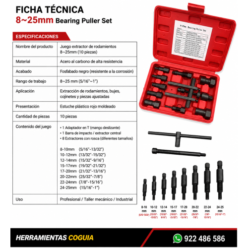 Extractor de Rodamientos internos x 12 Unidades 8–25 mm