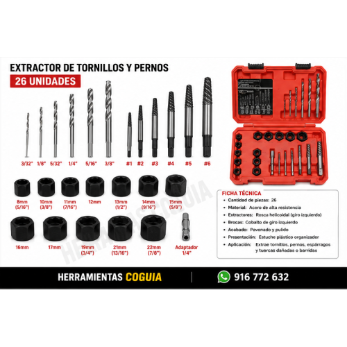 Extractor de tornillos y tuercas x 26 unidades Extractor de tornillos y tuercas x 26 unidades