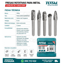 FRESAS DE CARBURO DE TUNGSTENO 5PCS 6MM + ESTUCHE INDUSTRIAL TOTAL