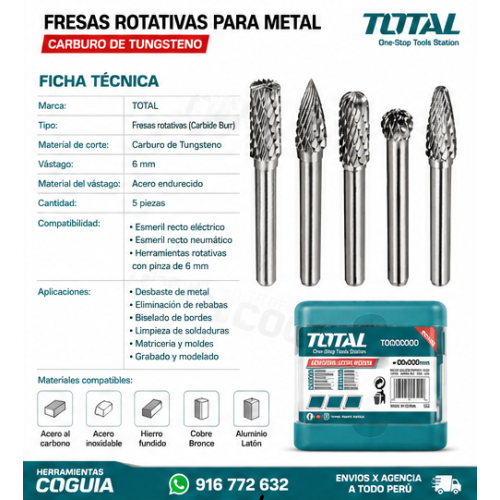 FRESAS DE CARBURO DE TUNGSTENO 5PCS 6MM + ESTUCHE INDUSTRIAL TOTAL FRESAS DE CARBURO DE TUNGSTENO 5PCS 6MM + ESTUCHE INDUSTRIAL TOTAL