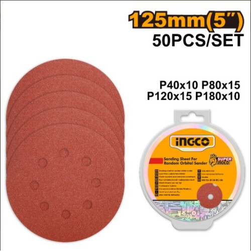 lijas x 50 unidades de 5" 125MM PARA ROTORBITAL GRANO 40 80 120 180 INGCO