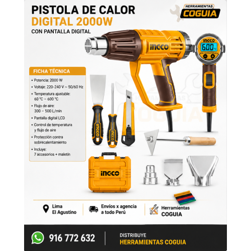 Pistola de calor 2000 w LED en maletin INGCO Pistola de calor 2000 w LED en maletin INGCO