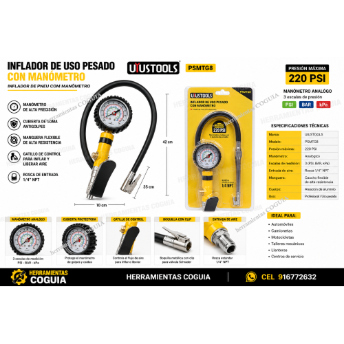 Pistola Medidor De Aire Con Reloj Para Neumaticos PESADO marca UYUSTULS