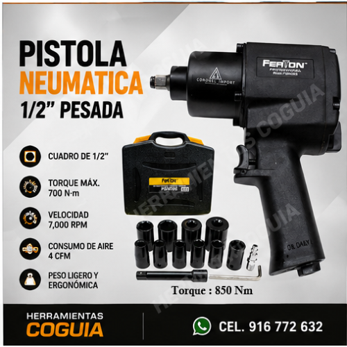 Pistola de Impacto 1/2" 850 Nm FERTON