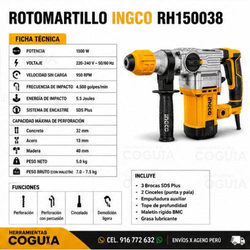 Rotomartillo 1500 W - 5 J SDS PLUS INGCO Rotomartillo 1500 W - 5 J SDS PLUS INGCO