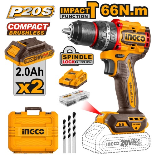 Taladro atornillador c/ percutor brushless 20v 66Nm INGCO
