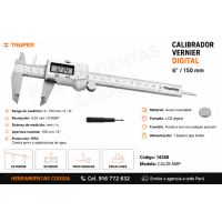 Vernier Calibrador Pie de rey 6" pulgadas DIGITAL TRUPER