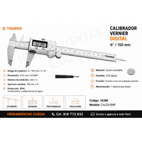 Vernier Calibrador Pie de rey 6" pulgadas DIGITAL TRUPER