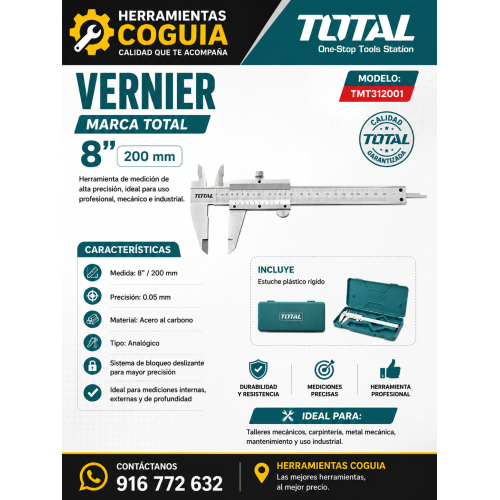Vernier Calibrador Pie de rey 8"<> 200 mm pulgadas TOTAL Vernier Calibrador Pie de rey 8"<> 200 mm pulgadas TOTAL